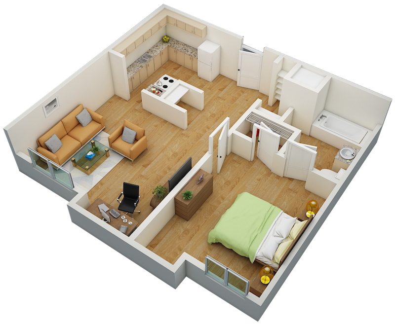 Floor plan for 1 bed, 1 bath, 675 sqft